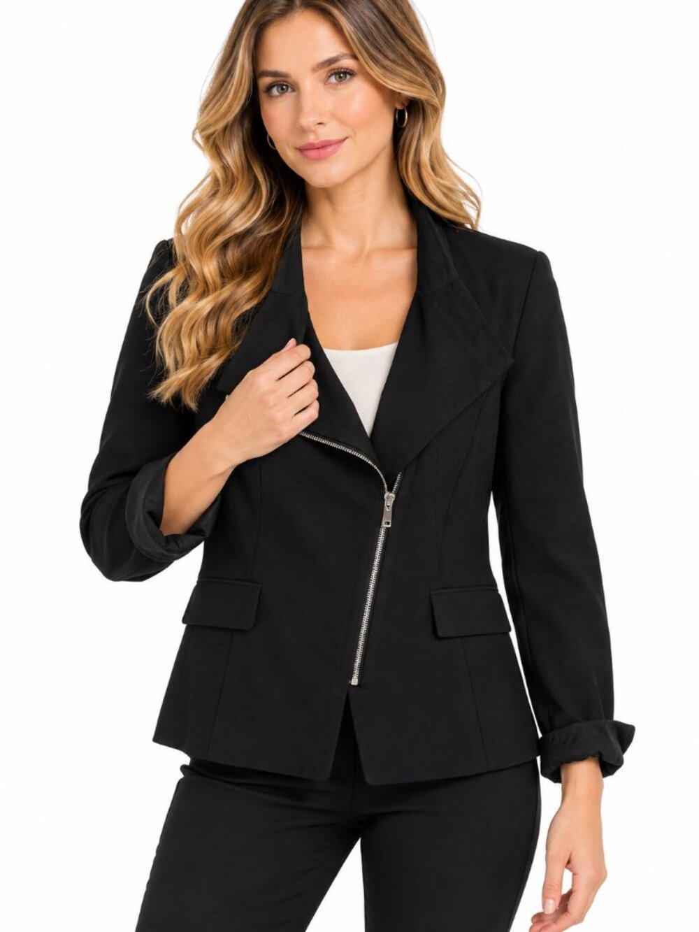 Point Zero by Nicole Benisti Black Asymmetrical Zip Blazer Jacket M
